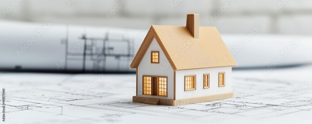 Poster building house on blueprint under model and construction concept. miniature house model on blueprint