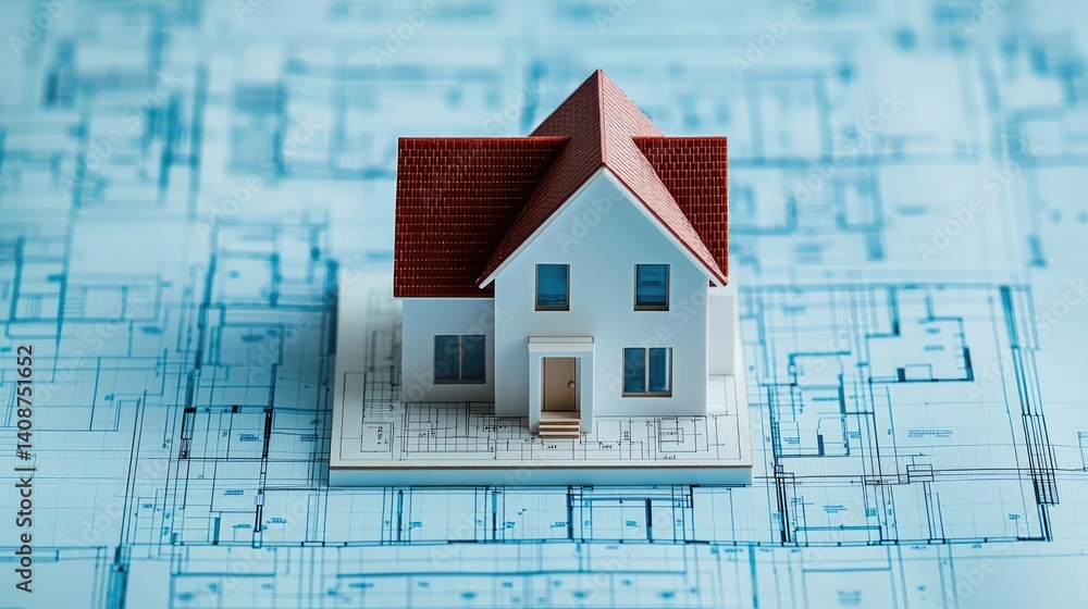 Poster building house on blueprint featuring project and model concept. model house atop architectural blue
