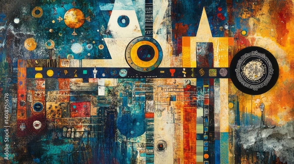 Poster abstract artistic expression with geometric shapes and celestial symbols