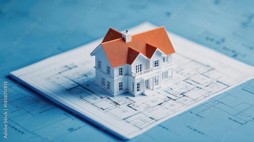 Poster building house on blueprint featuring project and model concept. a detailed miniature house model on