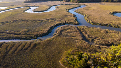 Drone aerial view of low country marsh