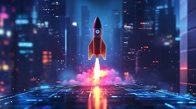 Neon rocket launch in a glowing city backdrop representing an innovative startup