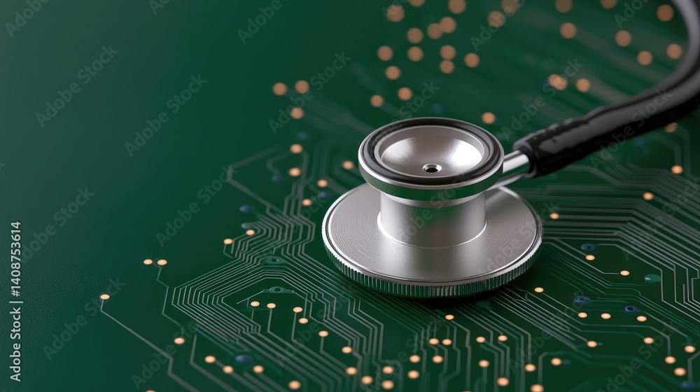 Poster stethoscope on digital circuit board future ai network concept. stethoscope on a circuit board symbo