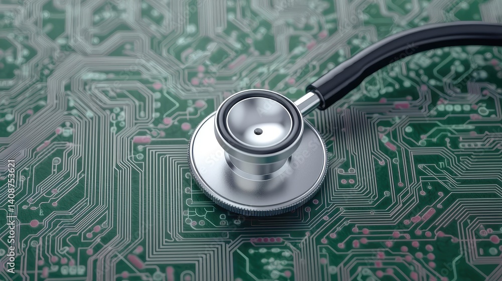 Poster stethoscope on digital circuit board future ai network concept. stethoscope on a circuit board repre