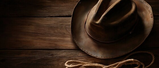 Rustic Cowboy Hat and Rope on Wooden Plank
