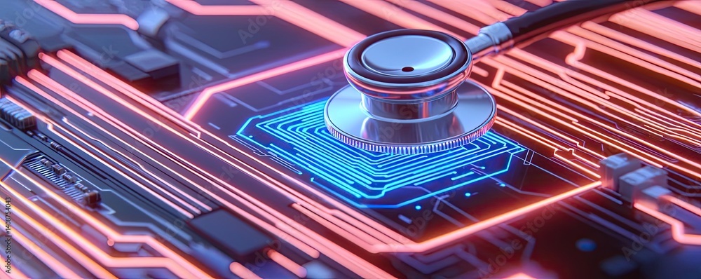 Poster stethoscope on digital circuit board future ai network concept. innovative stethoscope on a digital 