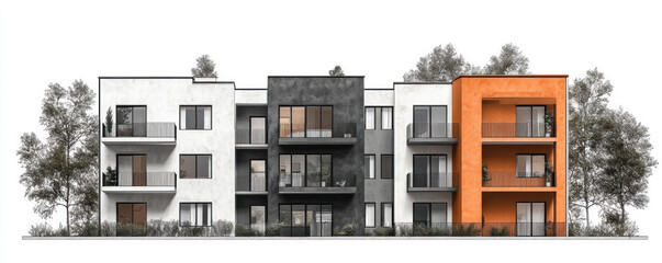 A tall building with a white and orange facade. The building has a lot of windows and balconies