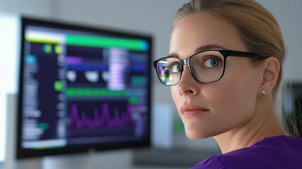 Focused Woman in Purple Scrubs Reviews Medical Data on Large Computer Screen