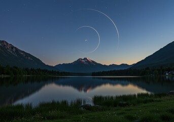 beautiful evening landsape lunar path on lake and mountain