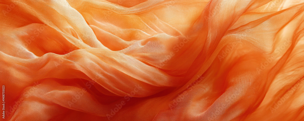 Poster a close up of a piece of orange fabric with a shiny, metallic sheen. the fabric is draped over a sur