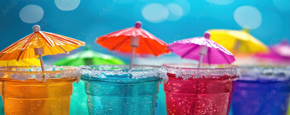 Poster a row of colorful umbrellas are sitting on top of cups filled with colorful drinks. the umbrellas ar