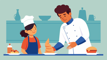 In the tiny kitchen of a French culinary school a student from Indonesia is taught the secrets of crafting the perfect croissant.. Vector illustration