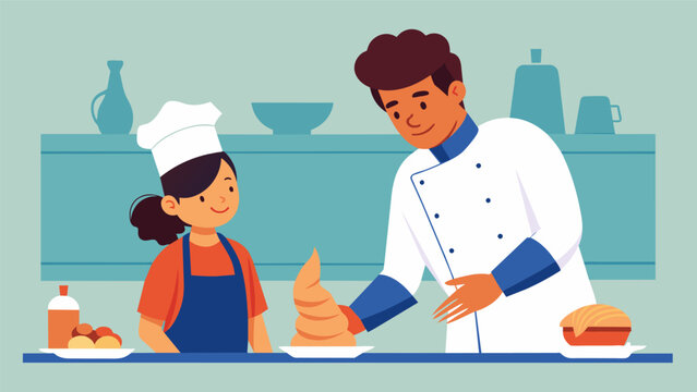 In the tiny kitchen of a French culinary school a student from Indonesia is taught the secrets of crafting the perfect croissant.. Vector illustration