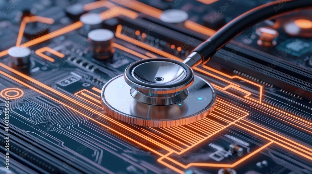 Poster stethoscope on digital circuit board healthcare network technology concept. a stethoscope placed on 