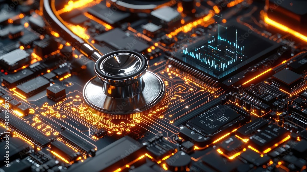 Poster stethoscope on digital circuit board future cyber hologram concept. close-up of a circuit board with