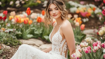 Stunning Bride in a Lace Wedding Gown Amidst Vibrant Tulips