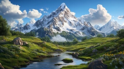 Majestic Snow Capped Mountain Range Overlooking Lush Green Valley and Stream