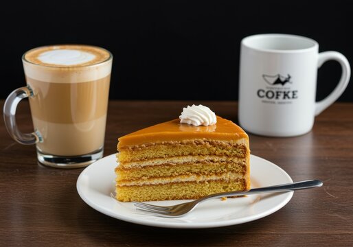 a slice of caramel cake with a glass of cappuccino