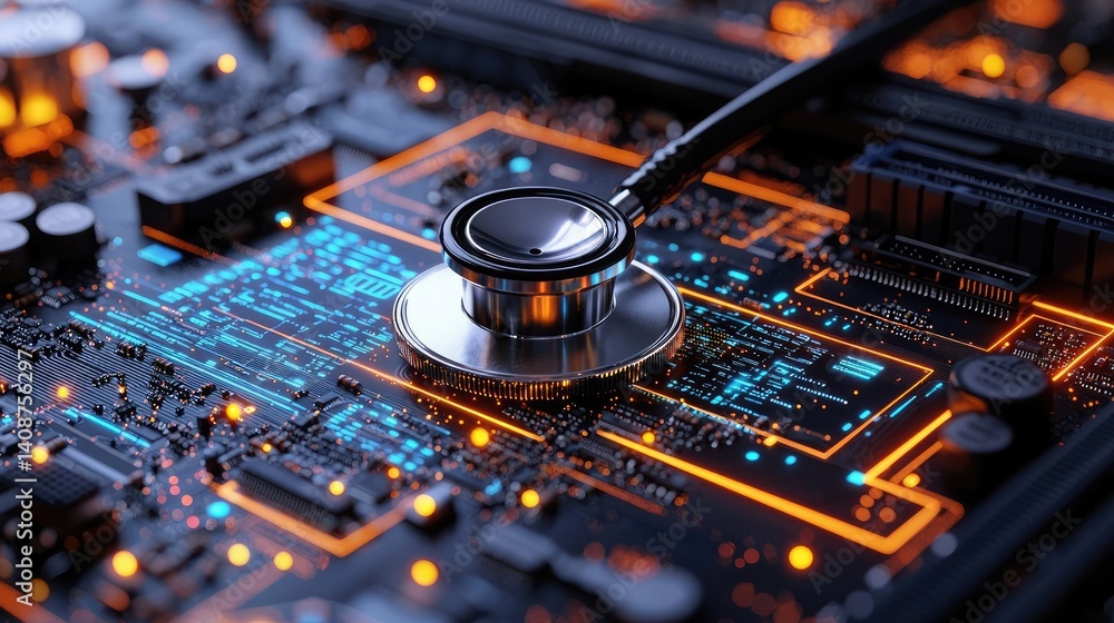 Poster stethoscope on digital circuit board healthcare network technology concept. close-up of a stethoscop