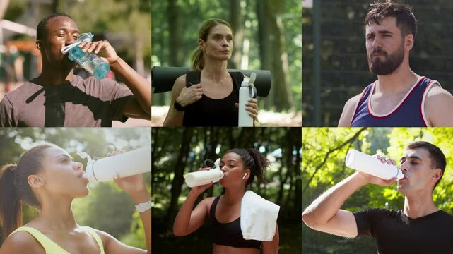 A collection of individuals engaged in fitness activities, demonstrating athleticism and healthy lifestyles. Each person is seen quenching their thirst with water bottles in a lush outdoor setting.