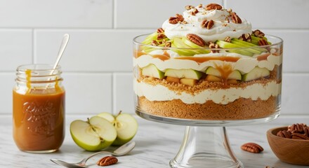 Elegant apple trifle with graham cracker crust and creamy layers on stand