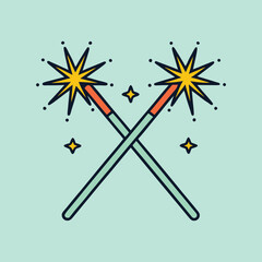 Two crossed magic wands with sparks New Year Object and stars on a light background