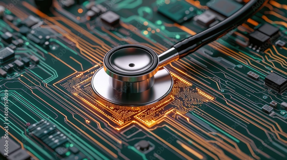 Poster stethoscope on digital circuit board network hologram future concept. a stethoscope placed on a circ