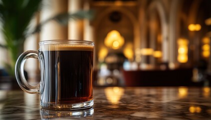 Aromatic Dark Coffee in a Glass Mug on Marble Table