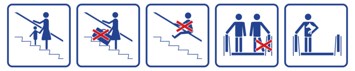 Set of icons recommending the use of escalators. Vector illustration style as flat symbols.