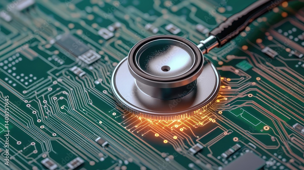 Poster stethoscope on digital circuit board healthcare network technology concept. stethoscope on a compute