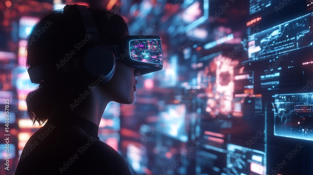 Poster immersive virtual reality experience exploring digital environments interface