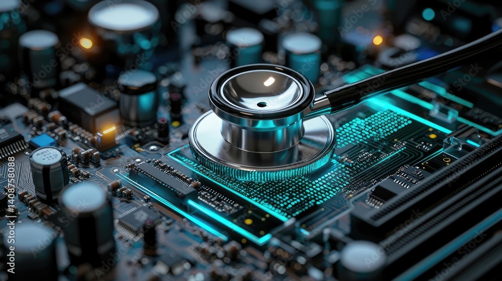 Poster stethoscope on digital circuit board cyber ai healthcare concept. a stethoscope placed on a computer