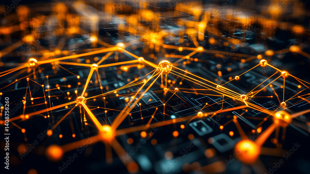 Poster abstract digital network connection, glowing nodes and lines, futuristic technology concept.