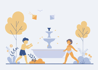 Obraz premium Illustration of children playing with water in a friendly manner. Vector.