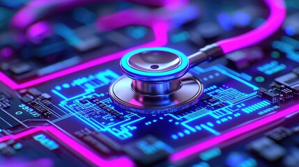 Stethoscope on digital circuit board healthcare network technology concept. Stethoscope on a circuit board, symbolizing health tech innovation.