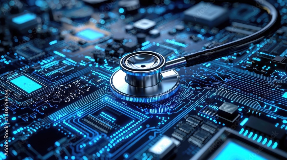 Poster stethoscope on digital circuit board future ai network concept. a stethoscope placed on a circuit bo