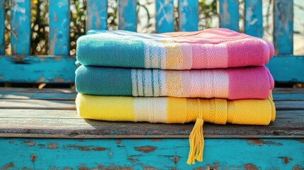 Stacked colorful towels resting upon an old distressed wooden bench