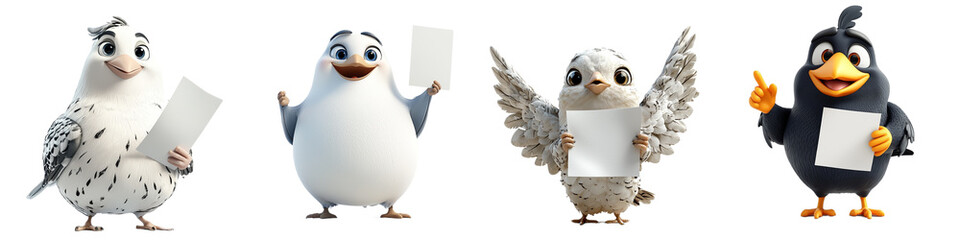 Obraz premium Four Cartoon Birds Holding Papers in a Playful and Engaging Animation Style