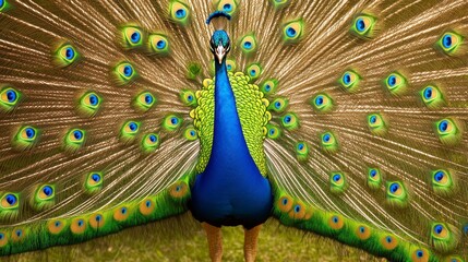 Obraz premium Peacock Displaying Iridescent Plumage Outdoors
