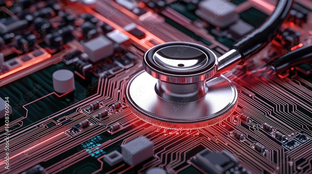 Poster stethoscope on digital circuit board future ai network concept. a stethoscope on a circuit board sym