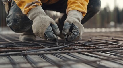 A construction worker fastening steel rods for concrete reinforcement. Featuring precision and care
