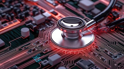 Stethoscope on digital circuit board future ai network concept. A stethoscope on a circuit board symbolizing health technology.