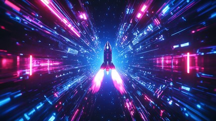 Naklejka premium Rocket soaring into neon-lit space with a dynamic background showcasing a startup idea