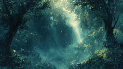 Verdant waterfall cascading through a mystical forest.