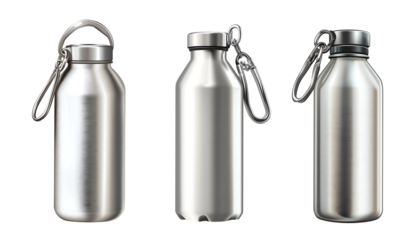 A silver water bottle with a carabiner, aluminum water bottle with a carabiner on transparent background