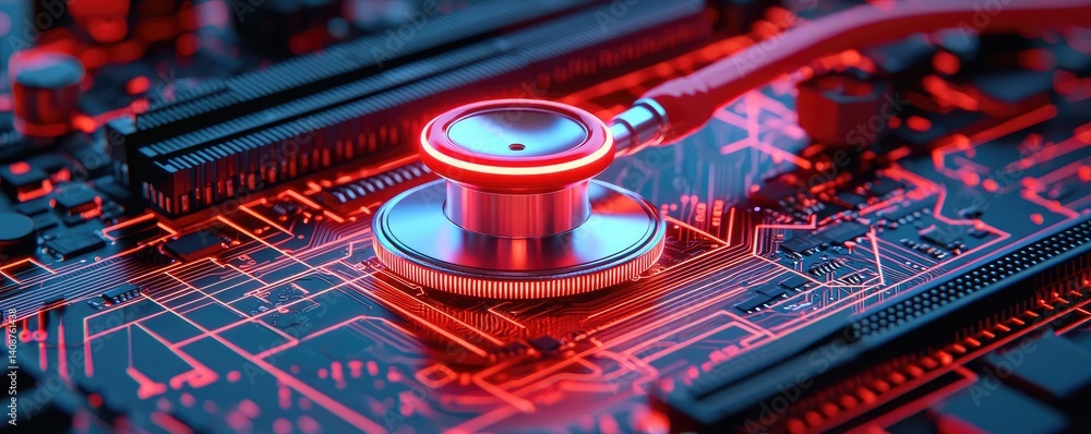 Poster stethoscope on digital circuit board future ai network concept. stethoscope on a circuit board, symb