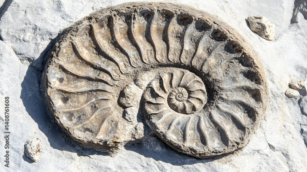 Poster detailed close-up of a fossilized ammonite embedded in stone, showcasing its intricate spiral struct