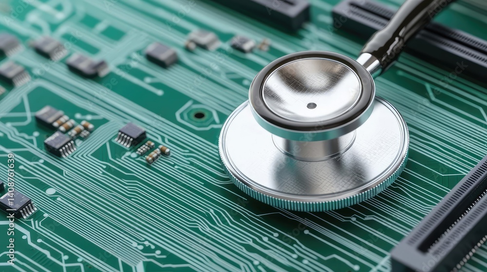 Poster stethoscope on digital circuit board cyber ai healthcare concept. a stethoscope resting on a circuit