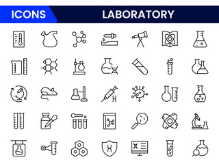 Vector illustration web line icon collection featuring laboratory elements, microscopes, test tubes, beakers, chemical flasks, atoms, lab coats, safety goggles, DNA strands, and scientific symbols.