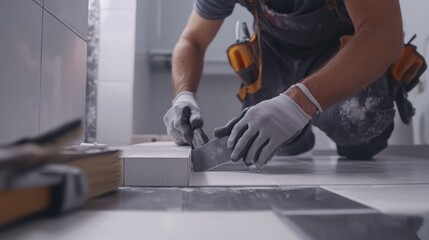 A construction worker fitting tiles in a bathroom. Featuring skill and attention to detail